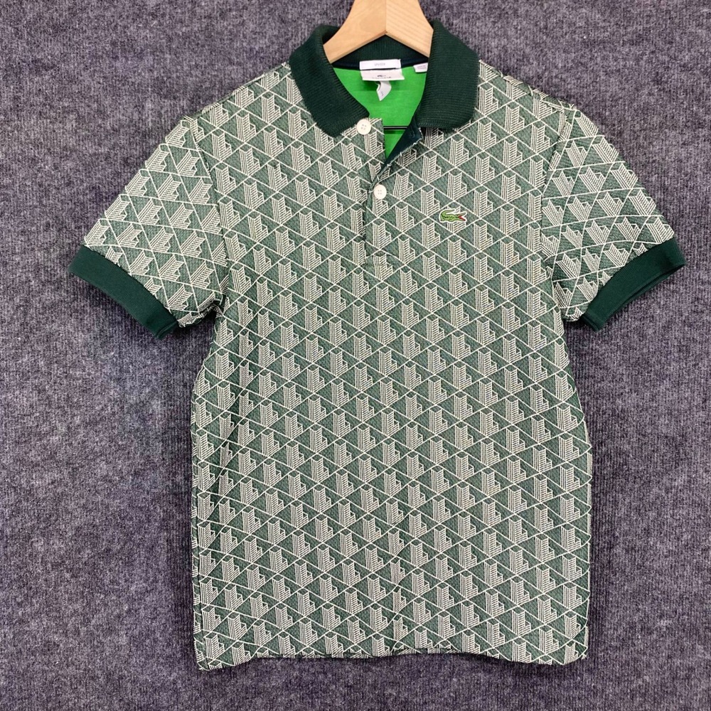 Lacoste L!VE Unisex Green Geometric Monogram Classic Fit Polo Shirt DH2945 XXS